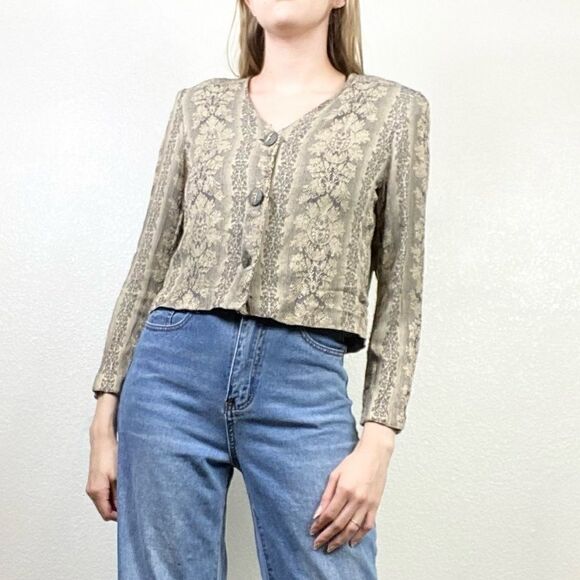 Vintage Beige & Grey Floral Tapestry Cropped Lightweight Blazer Jacket - Picture 1 of 8